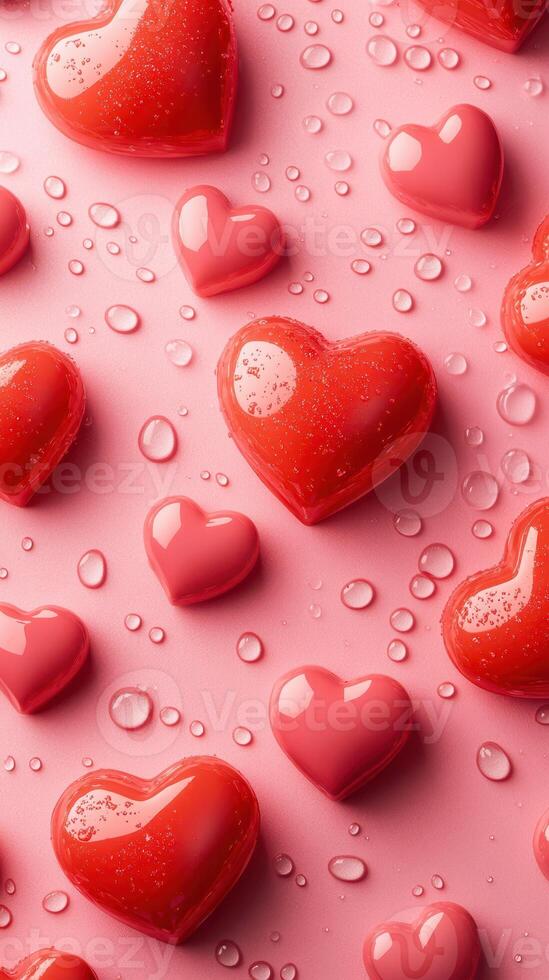 Colorful hearts scattered on a pink background with water droplets in a vibrant and cheerful display for celebrations photo