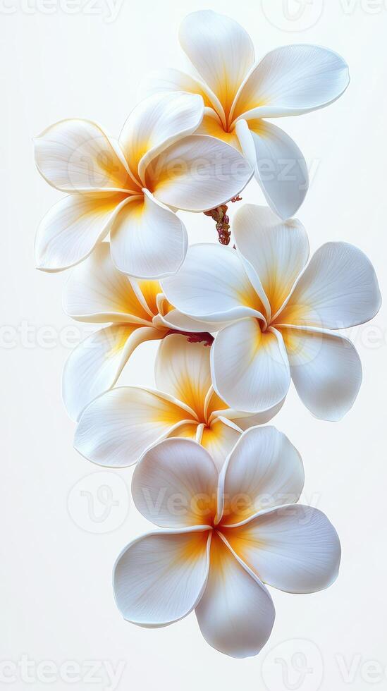 Beautiful white and yellow frangipani flowers arranged elegantly against a light background for a serene display of nature photo