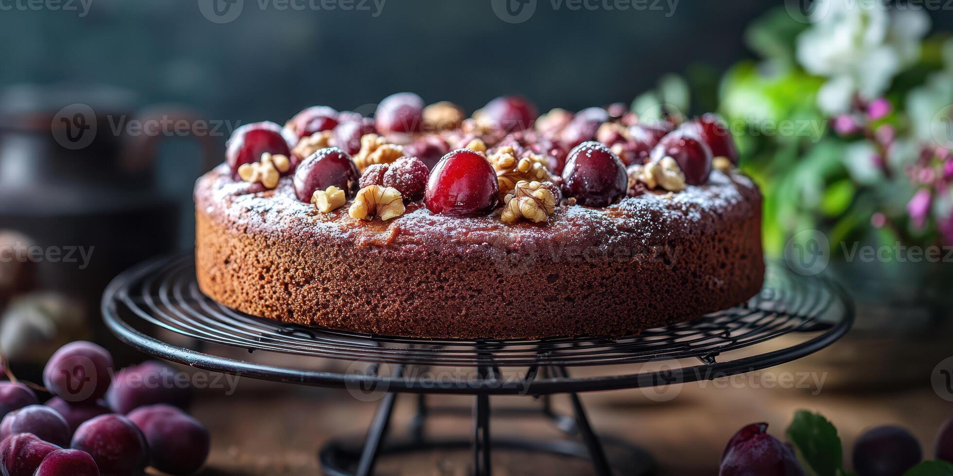 Delicious homemade cake decorated with fresh cherries and walnuts, photographed in a rustic kitchen setting during afternoon light photo