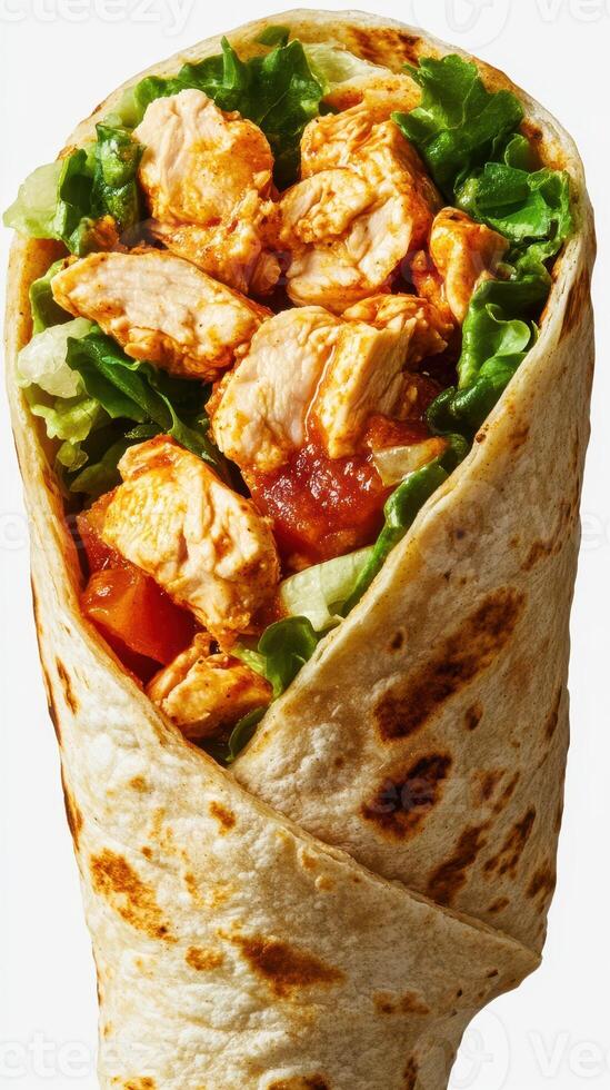 Delicious chicken wrap filled with fresh vegetables and spicy sauce served for a quick meal photo