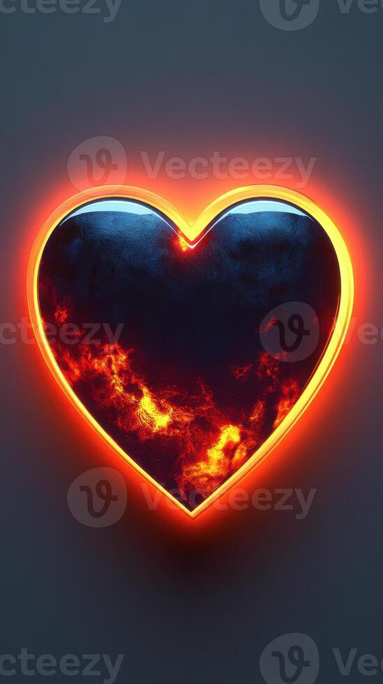 Heart symbol with fiery texture glowing against dark background creates a striking visual effect photo