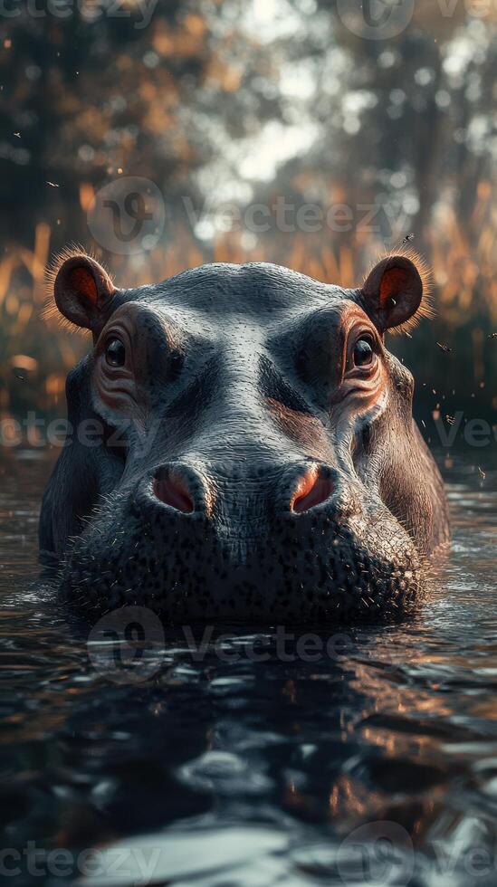 Majestic hippo floats calmly in murky waters surrounded by lush greenery during a serene sunset photo