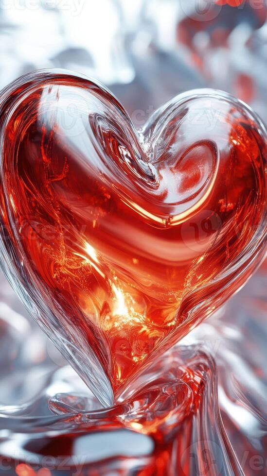 Heart-shaped glass sculpture reflecting light in a vibrant, abstract setting with swirling colors photo