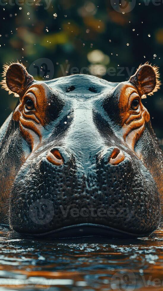 Close view of a hippo in water with splashes during daytime in a natural habitat setting photo