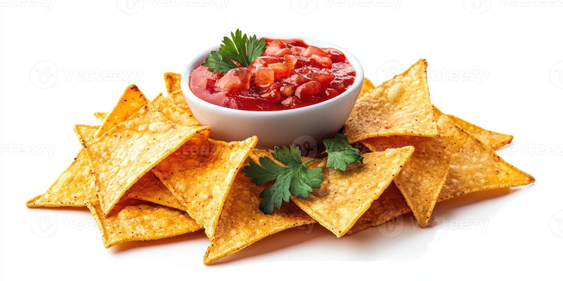 Crispy tortilla chips served with fresh salsa and garnished with cilantro for a delicious snack experience photo