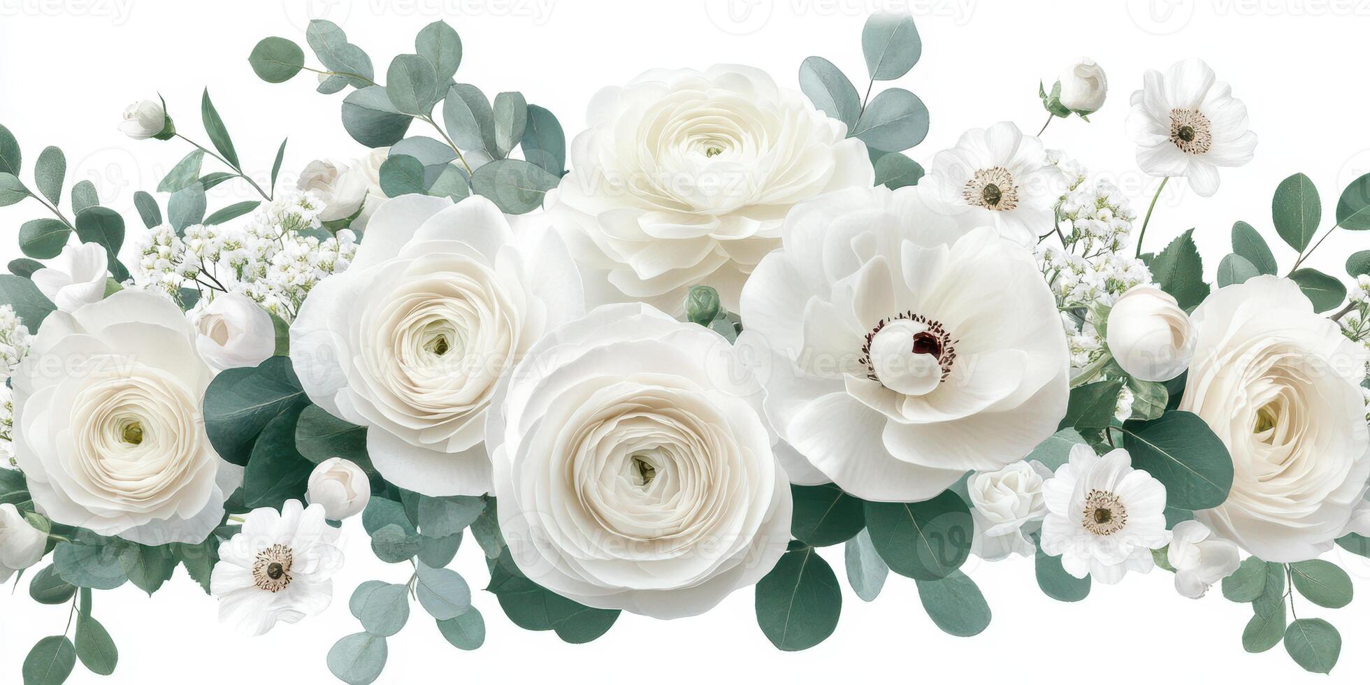 Elegant white floral arrangement featuring ranunculus and greenery in a soft and tranquil setting photo