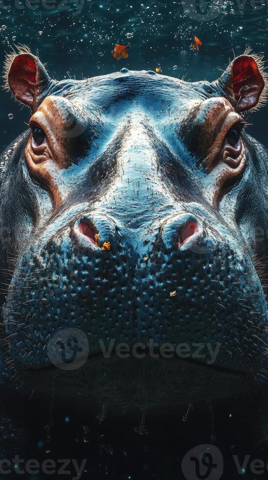 Hippo explores underwater habitat, showcasing its majestic features in a serene aquatic environment during daylight hours photo