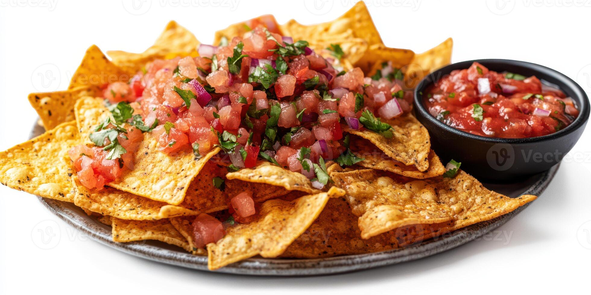 Crunchy tortilla chips topped with fresh salsa and garnished with herbs on a plate photo