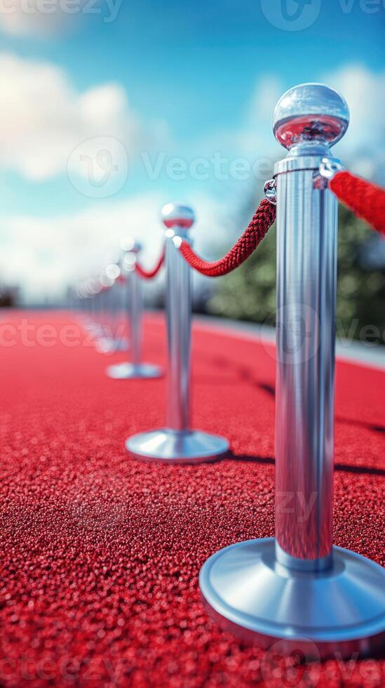Red carpet event showcasing elegant ropes and stanchions under a bright blue sky during a sunny day photo