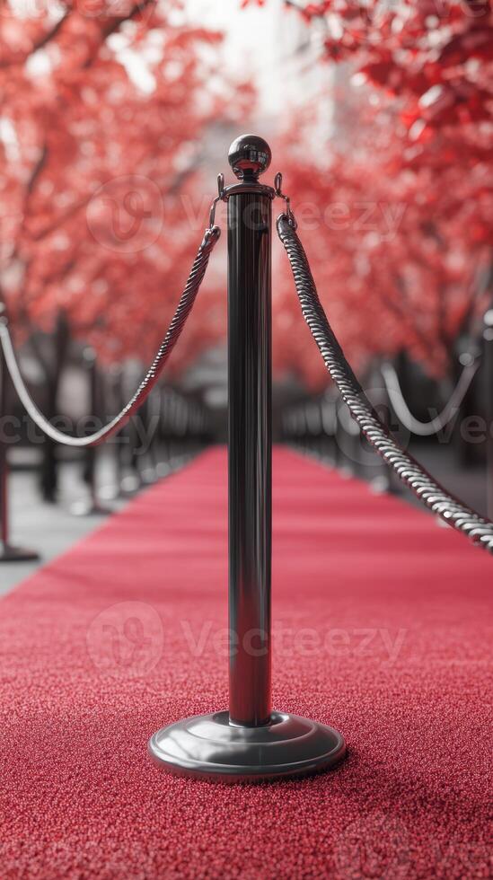 Elegant red carpet lined with stanchions under vibrant red trees in soft lighting creating a luxurious atmosphere photo