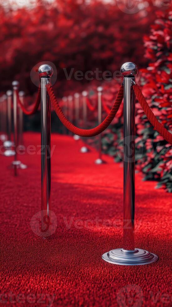 Red carpet lined with polished stanchions and ropes in a lush outdoor setting during daylight photo