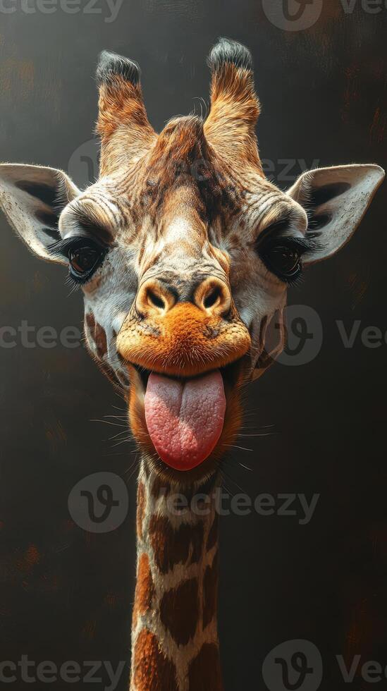Giraffe sticking out its tongue while posing against a dark background in a wildlife conservation setting photo