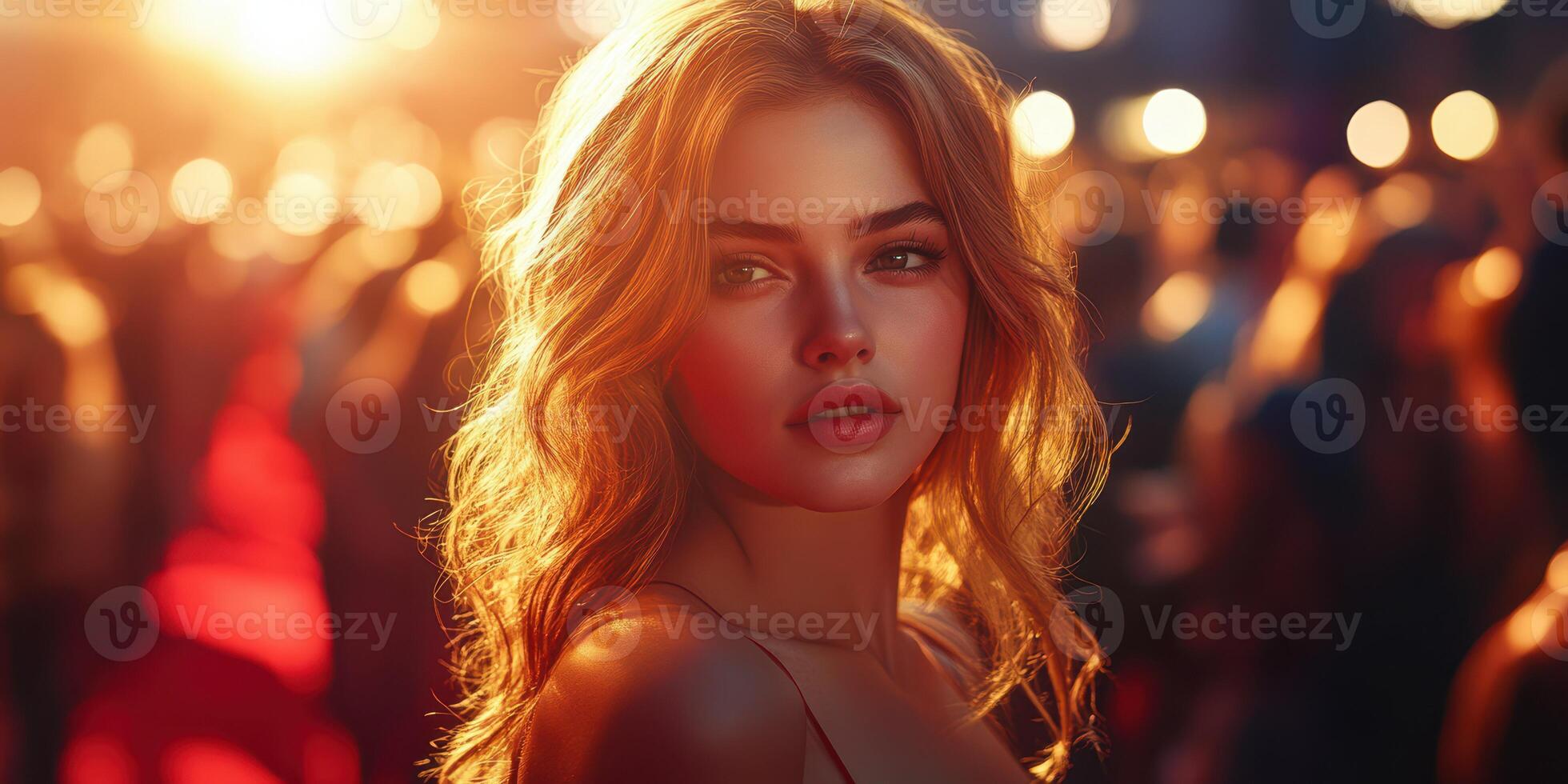 Beautiful woman with flowing hair in golden light at an evening outdoor event surrounded by people photo