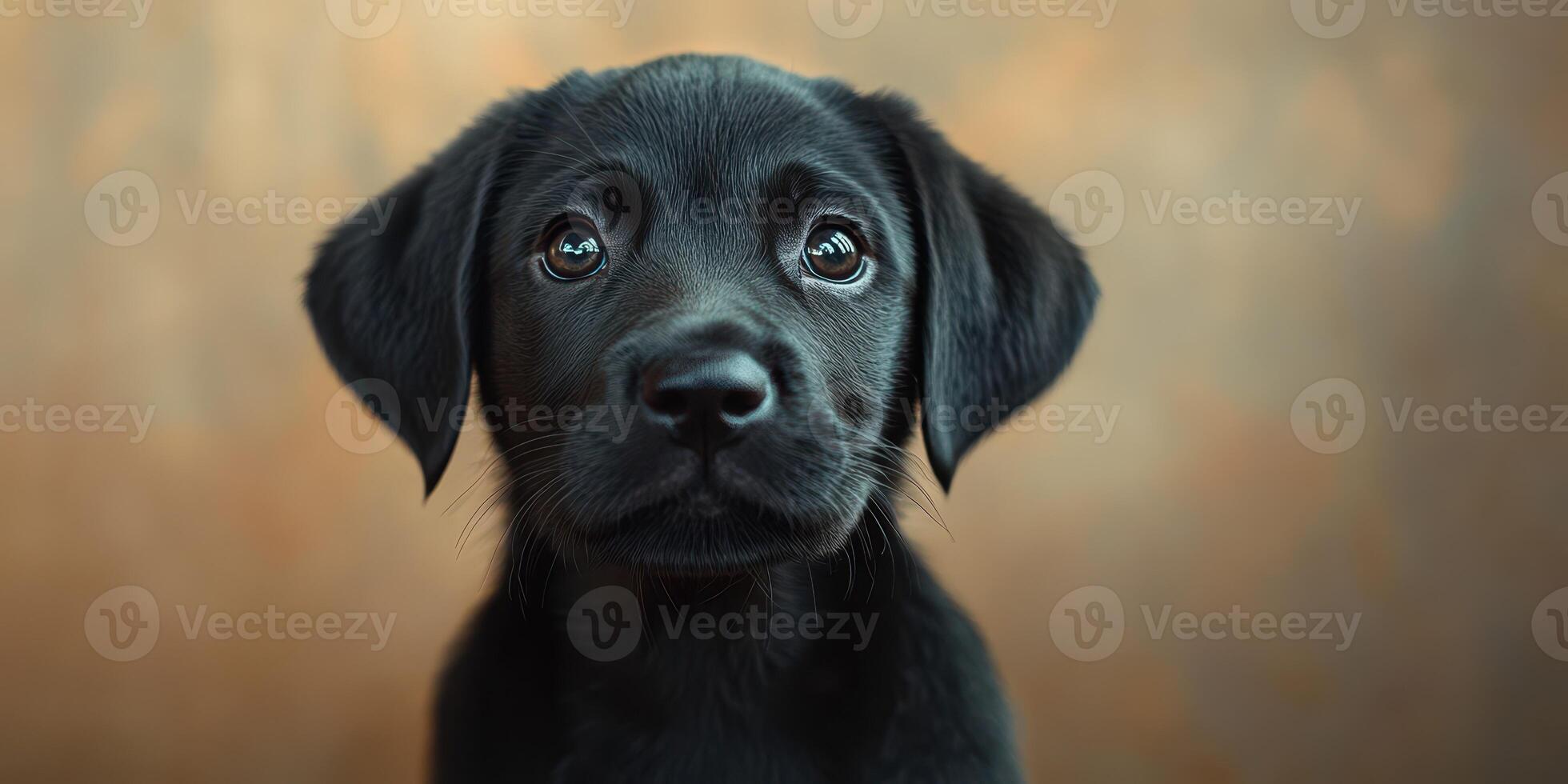 Black puppy with curious expression sitting against a warm, blurred background in a cozy indoor setting photo