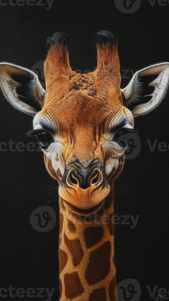 Giraffe portrait showcasing detailed features against a dark background in a close-up view photo