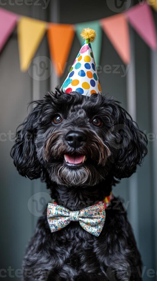 Happy dog celebrates with colorful party hat and bow tie at a joyful gathering photo