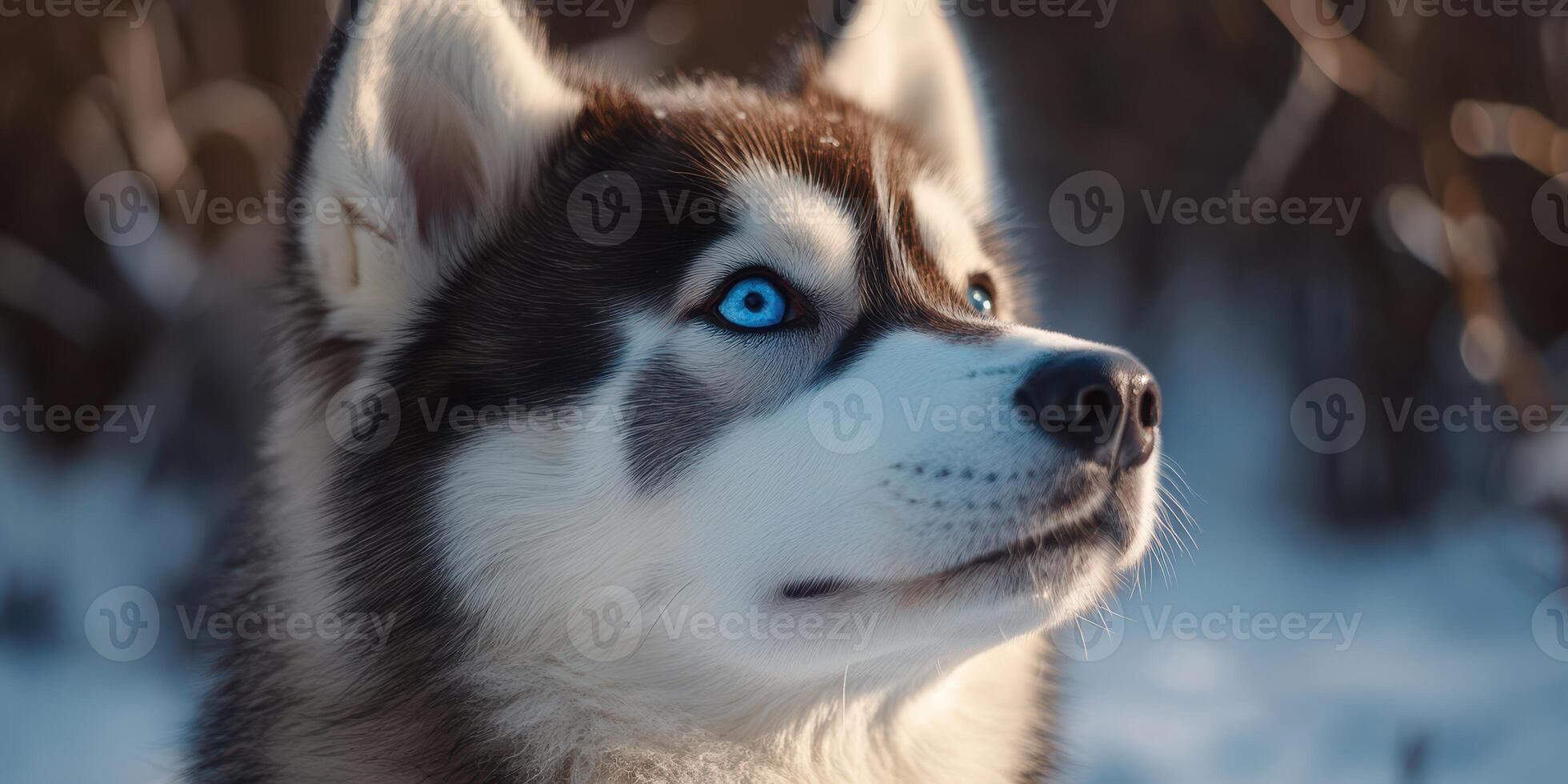 Siberian husky with striking blue eyes outdoors in a snowy landscape during daylight photo