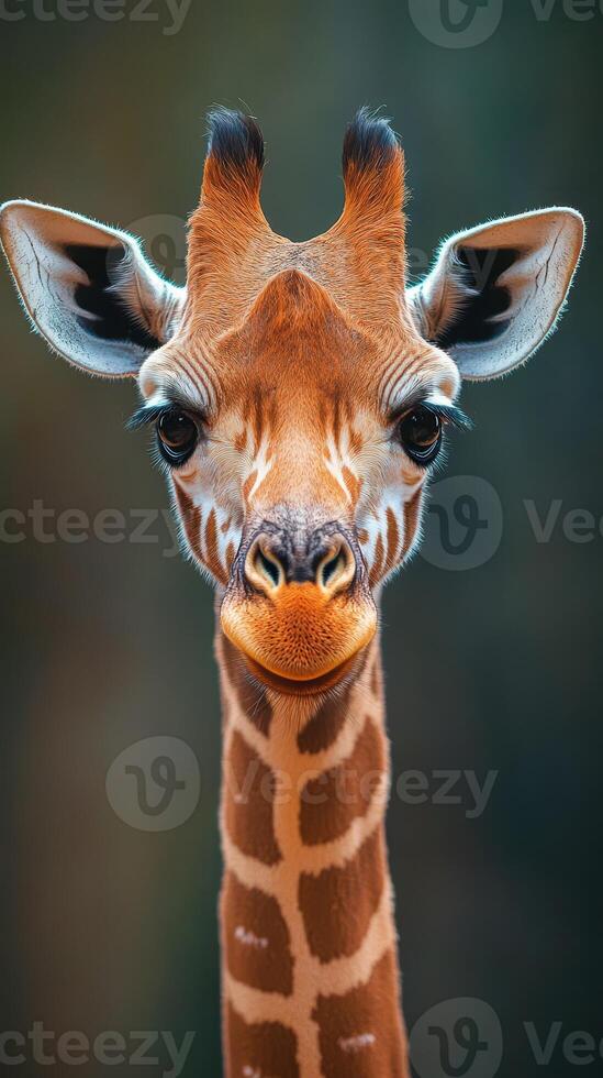 Majestic giraffe close-up showcases beautiful features in a serene natural setting during golden hour photo