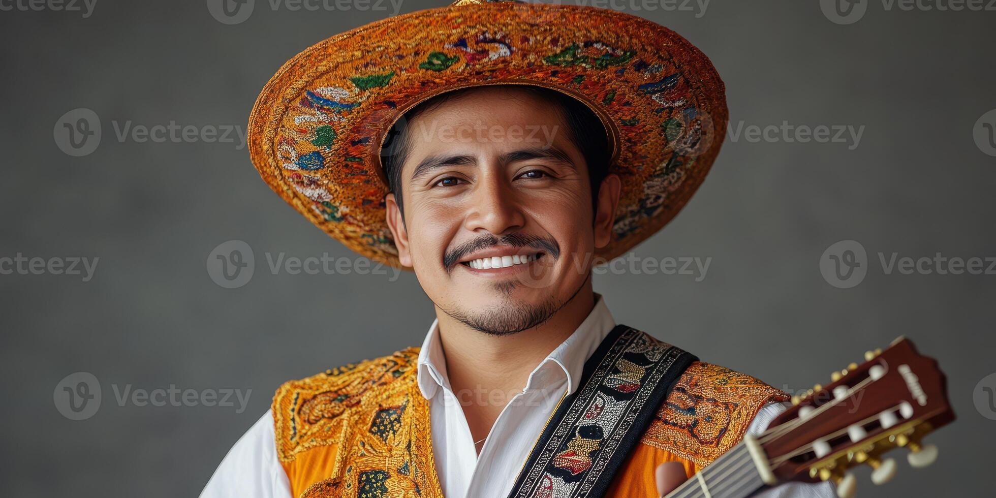 Smiling musician in traditional attire holds guitar, showcasing regional culture and festive spirit photo