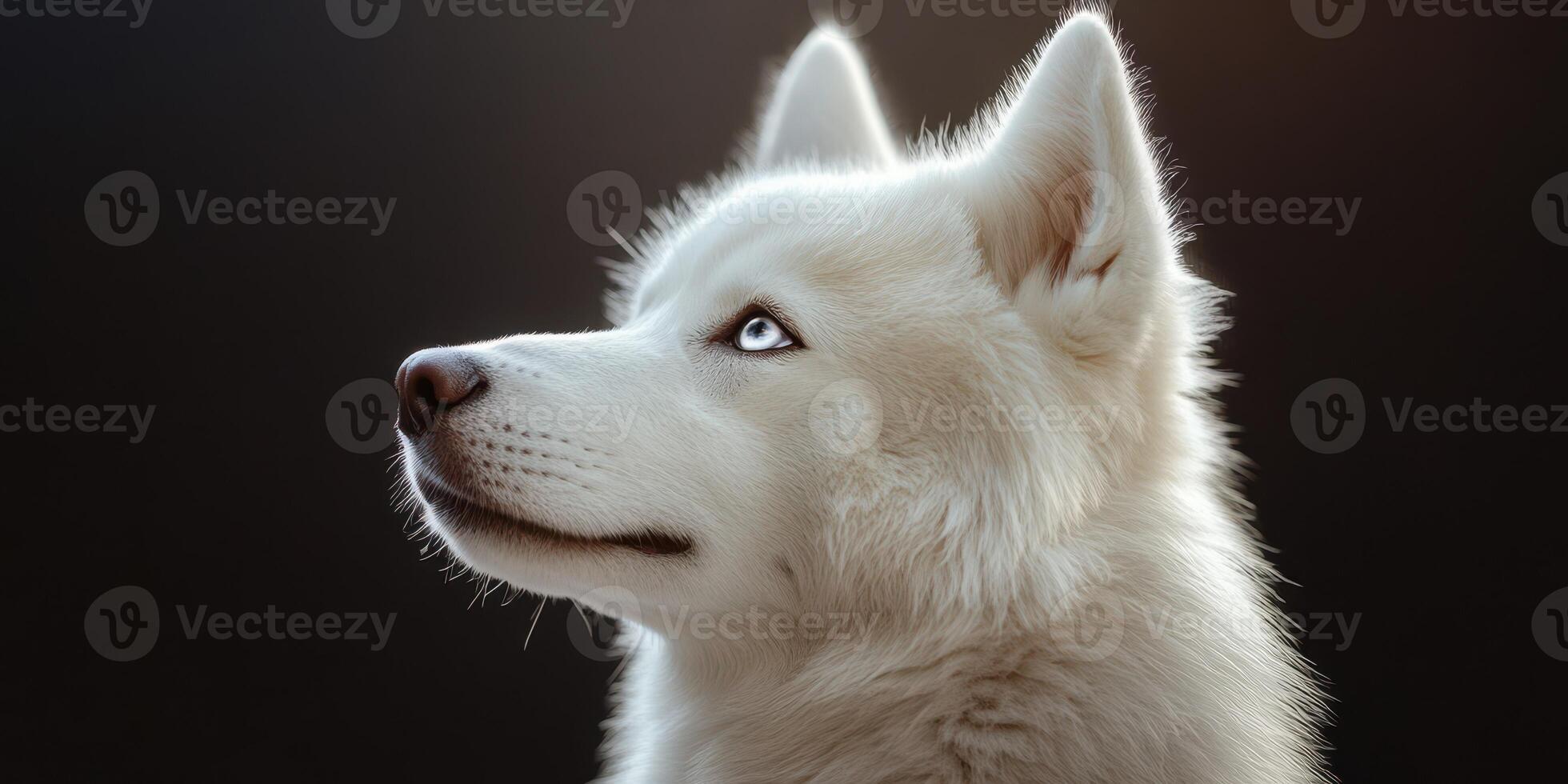 White Siberian husky with striking blue eyes gazing upward, showcasing its fluffy fur and majestic features against a dark background photo