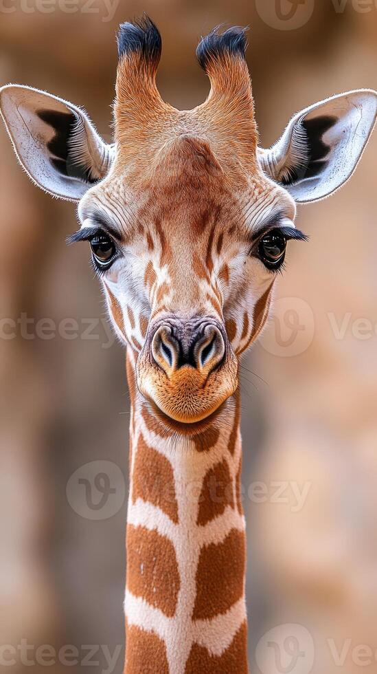 Giraffe portrait showcasing its distinctive features and unique expression in a natural setting during daylight photo