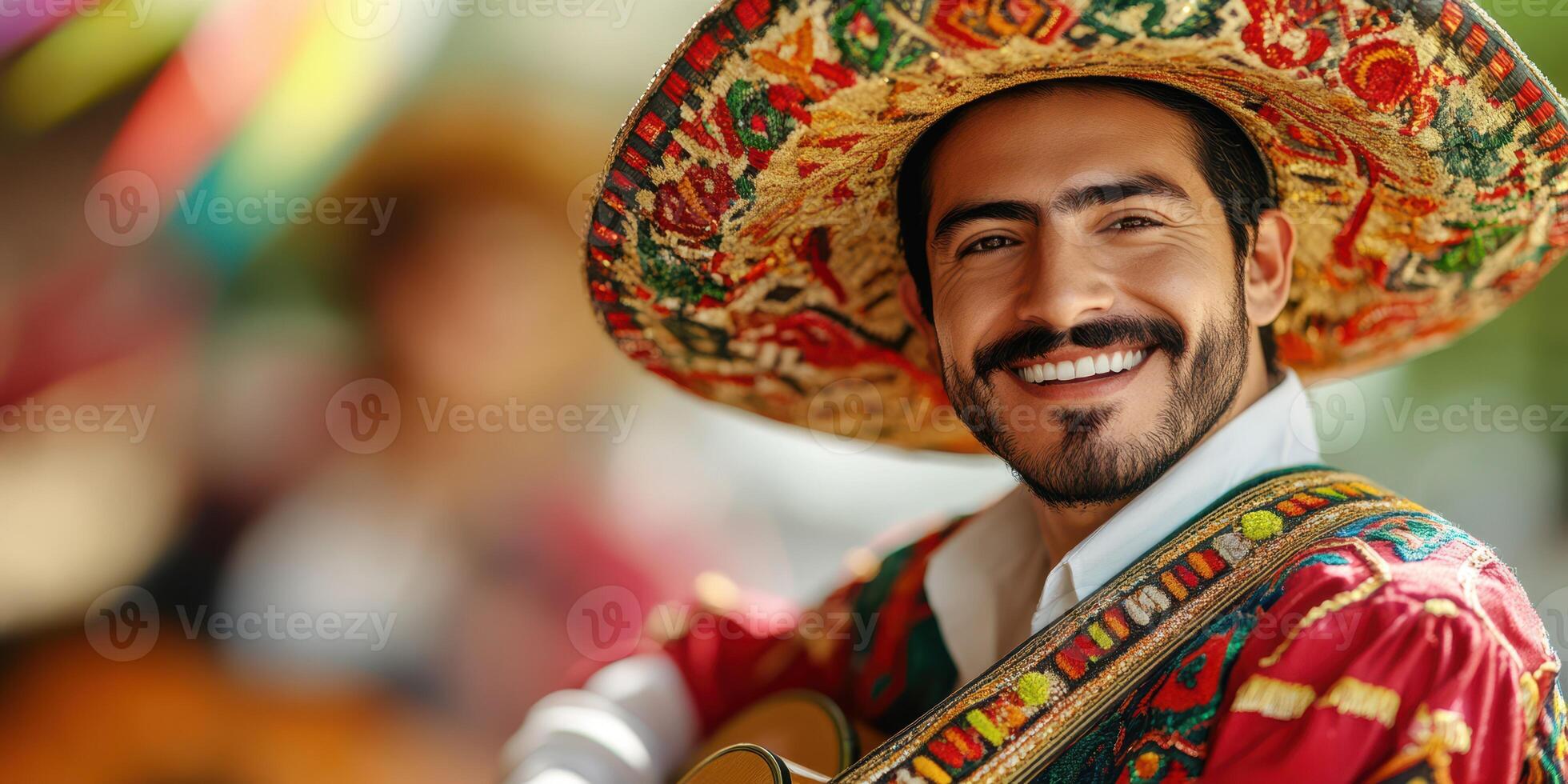 Smiling musician wears traditional attire and sombrero while playing guitar at cultural festival photo