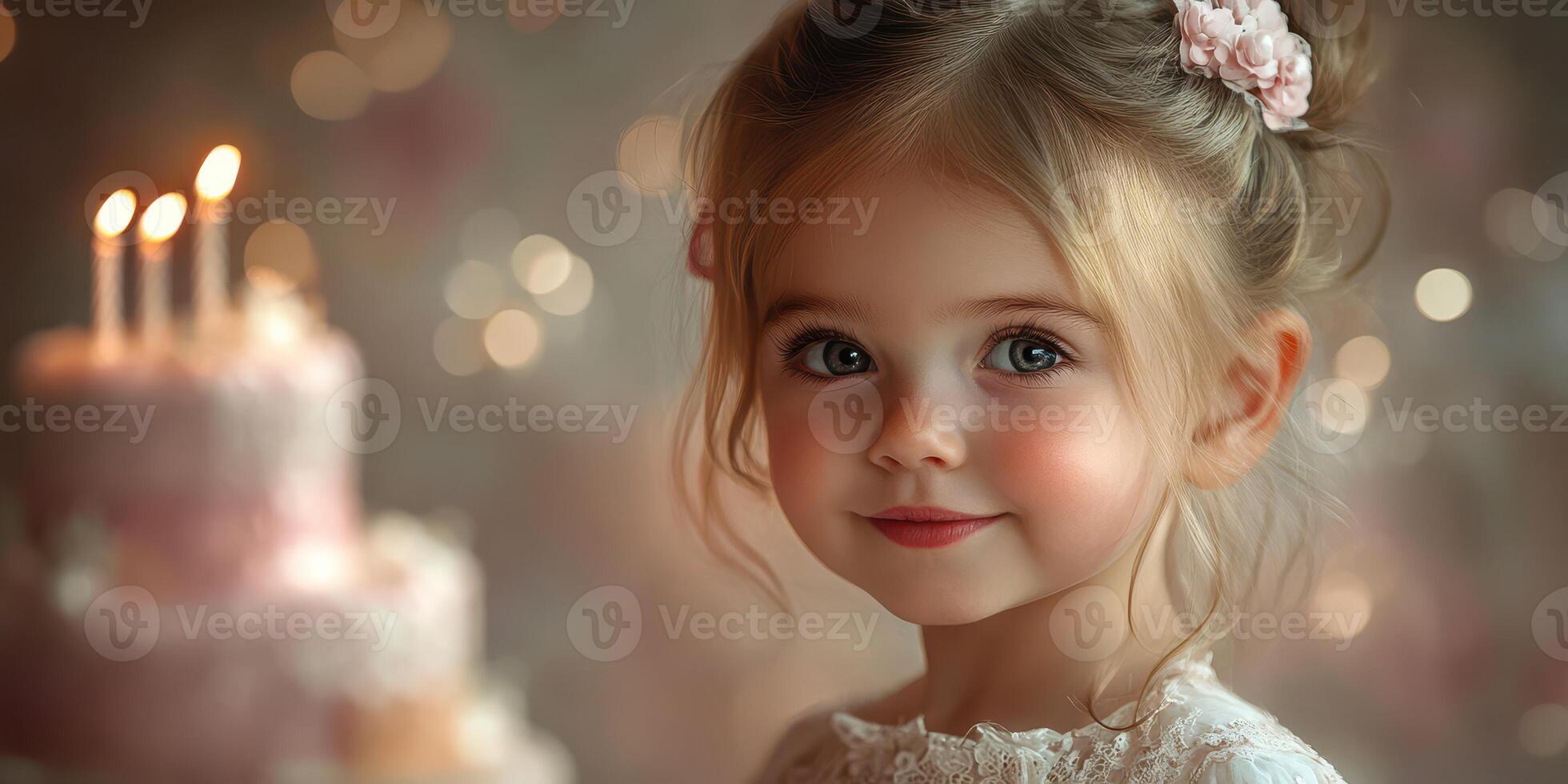 Sweet girl smiling at a birthday celebration with twinkling lights and a beautiful cake in the background photo
