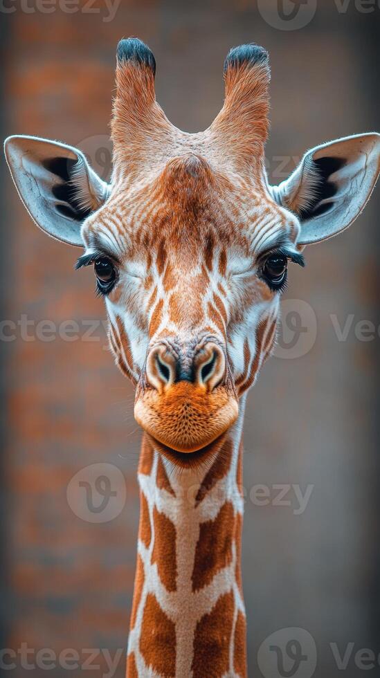 Giraffe stands gracefully in front of a blurred background showcasing its unique patterns and features photo