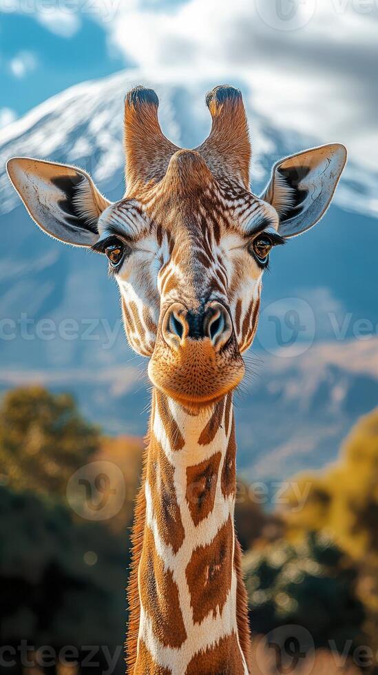 Majestic giraffe stands tall in front of a snow-capped mountain on a sunny day photo