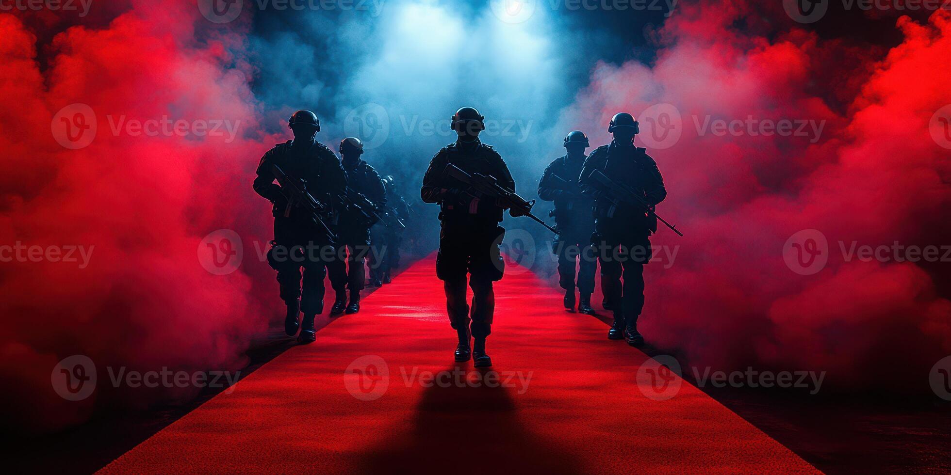 Soldiers march through smoke on a red carpet under dramatic lighting in an intense military display photo