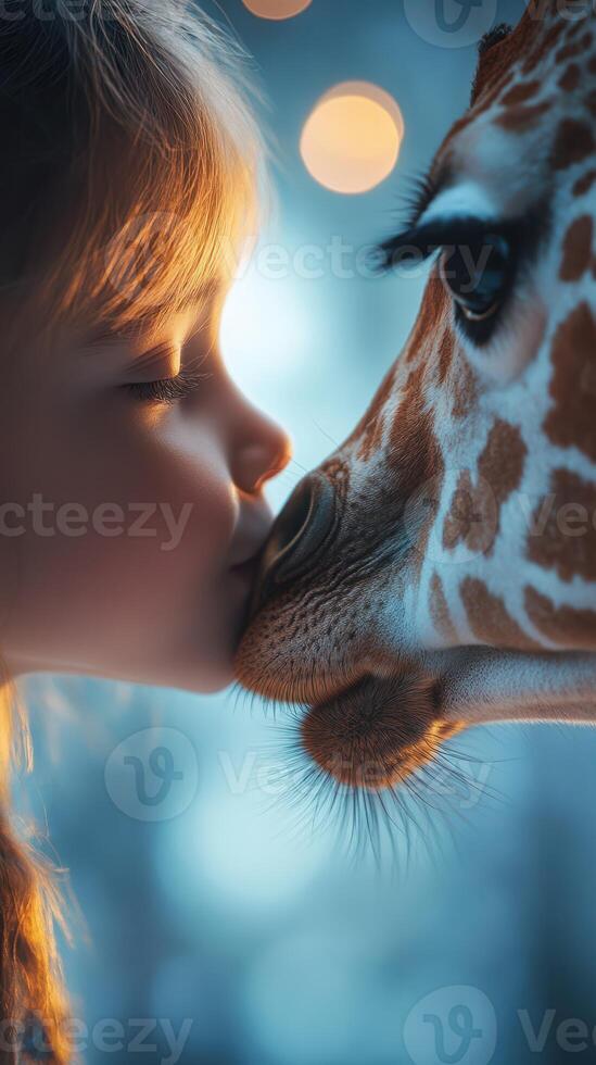 Young girl sharing a kiss with a gentle giraffe in a serene setting during twilight photo