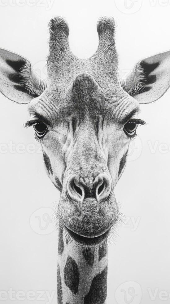 Unique portrait of a giraffe showcasing its distinct features and expressive eyes in black and white photo