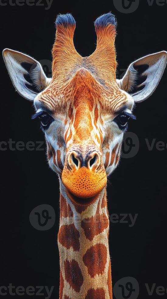 Giraffe close-up showcasing striking features and distinctive pattern in natural habitat photo