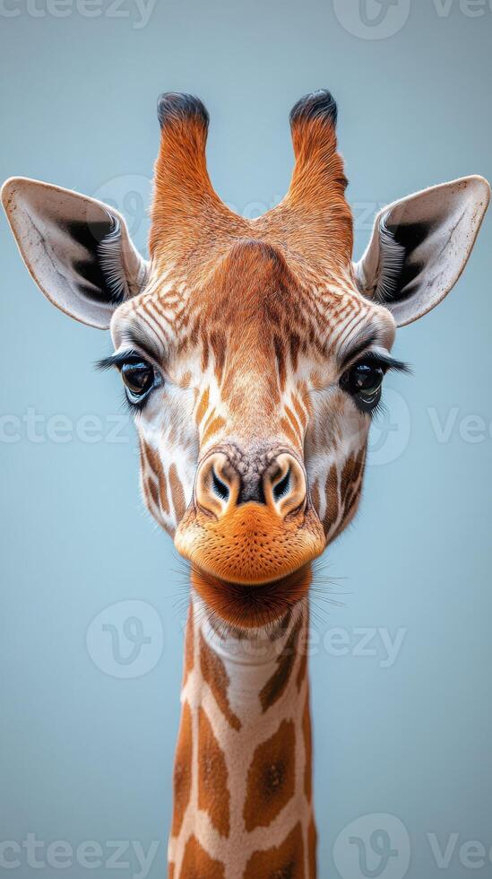 Giraffe with striking facial features poses against a blue backdrop during a sunny afternoon at the wildlife sanctuary photo
