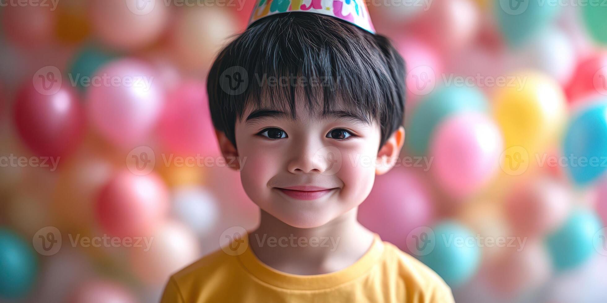 Happy child celebrating with colorful balloons and a party hat in a joyful atmosphere photo