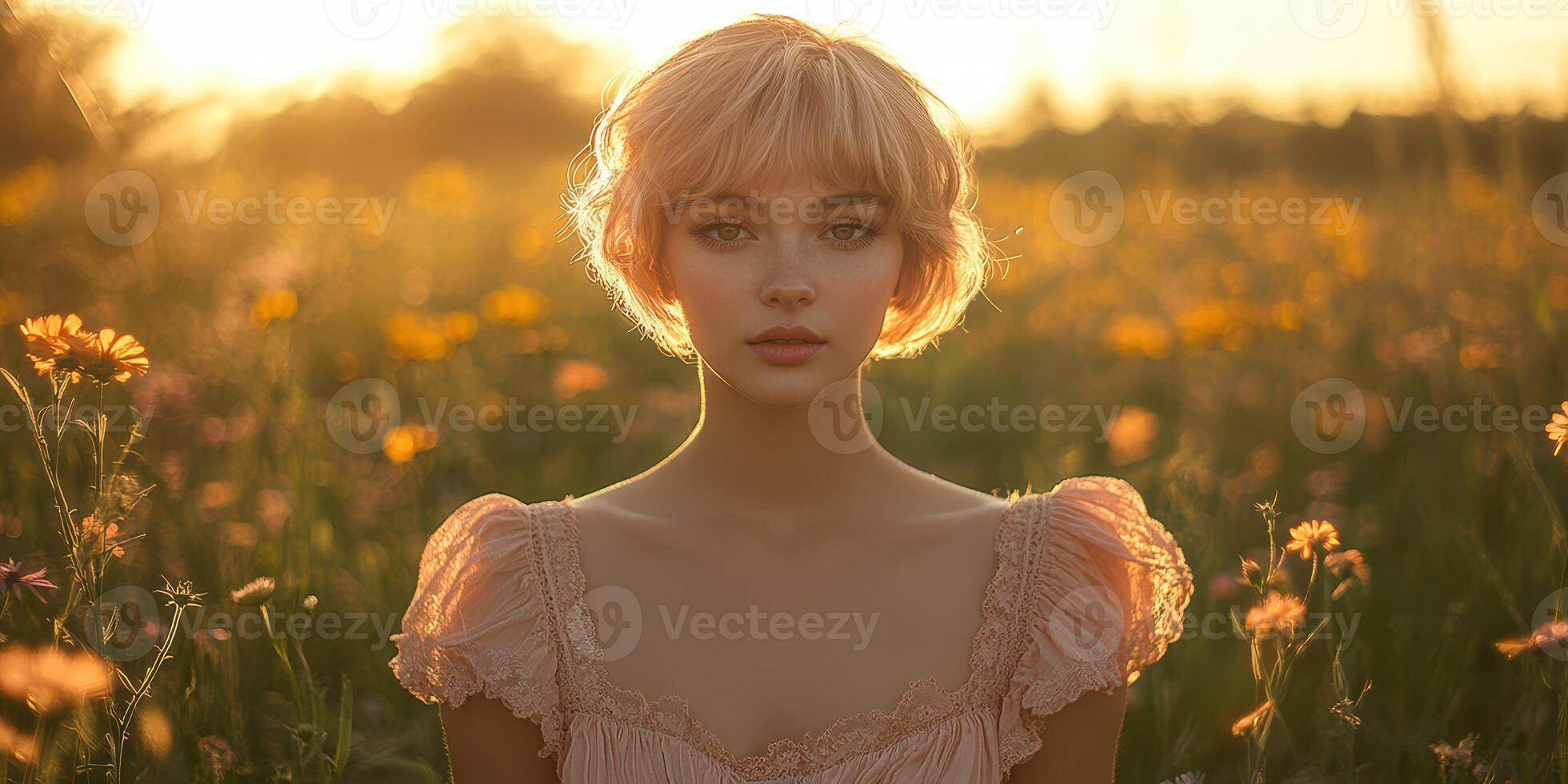 Young woman in a pastel dress posing in a sunlit flower field during golden hour photo