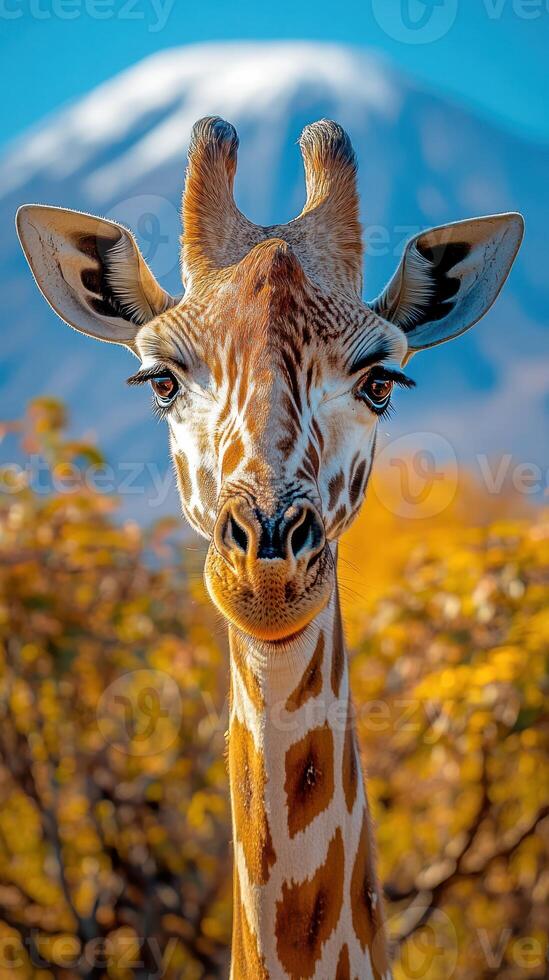 Giraffe standing gracefully against a clear blue sky with a mountain backdrop during a sunny day photo