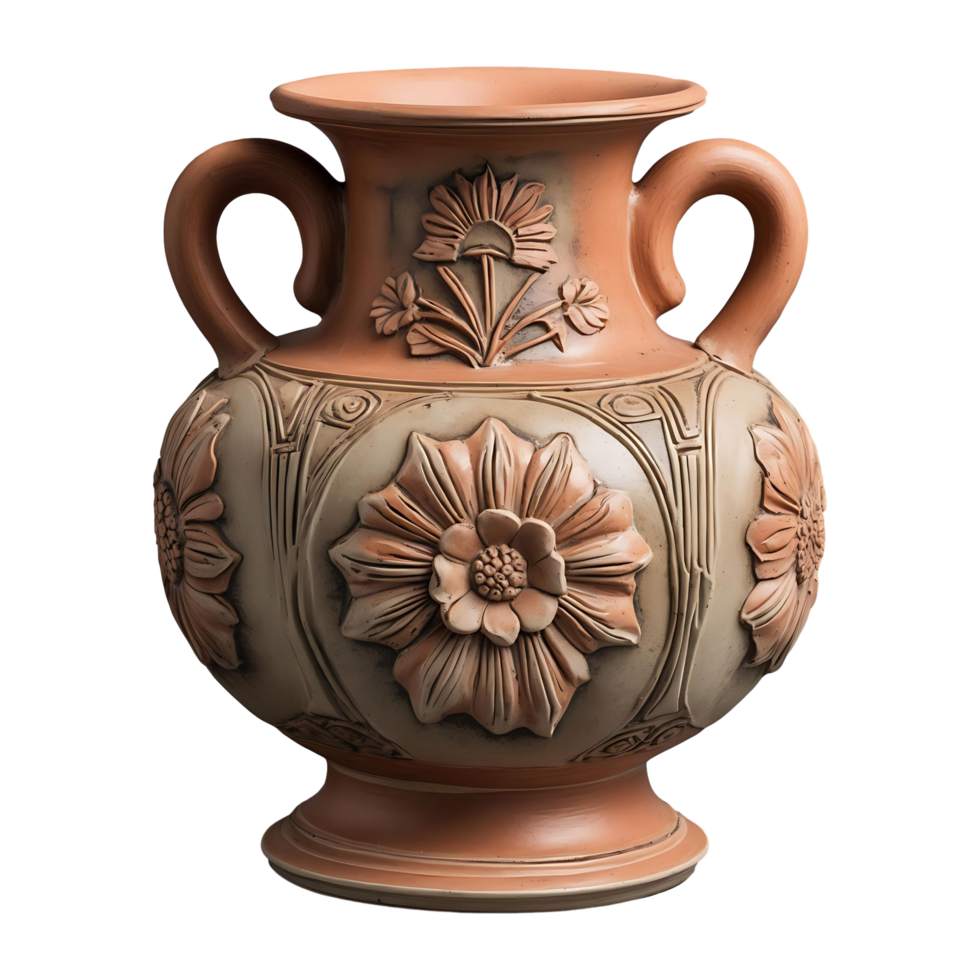 Vintage Clay Vase with Floral Carving Perfect for Rustic Home Decor png