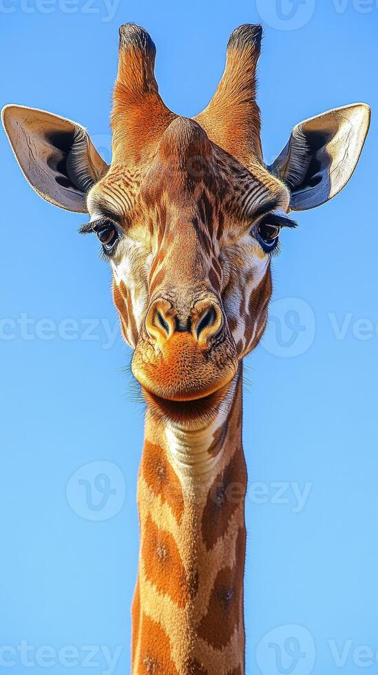 Majestic giraffe stands tall against a clear blue sky in a natural environment during daylight photo