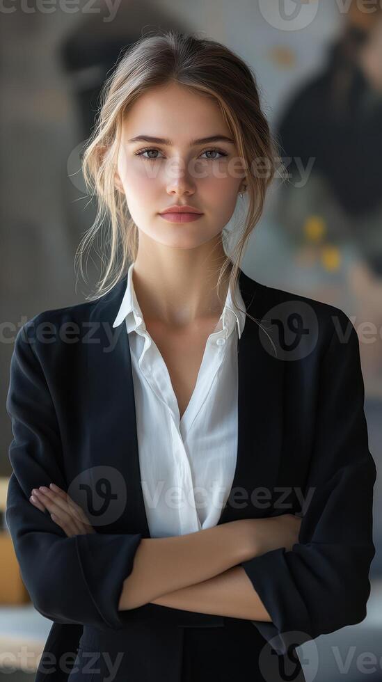 Confident young professional in a modern office setting with a serious expression during work hours photo