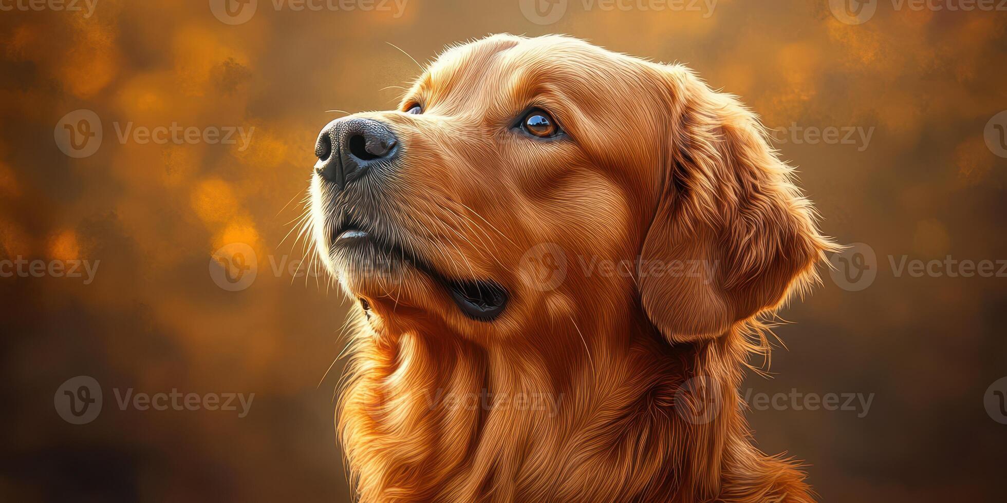 Golden retriever gazing thoughtfully in a warm sunset glow at a park during autumn photo