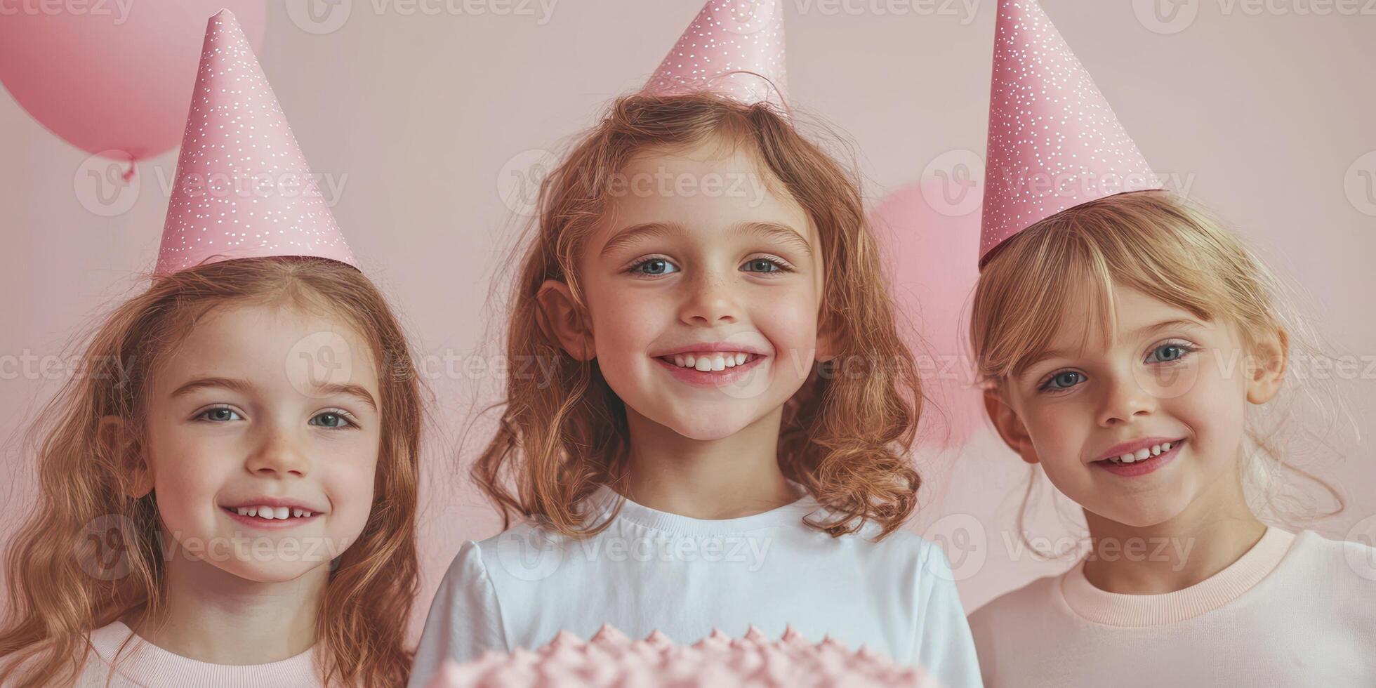 Three smiling children wearing party hats celebrate a birthday with pink decorations and a cake in a cheerful indoor setting photo