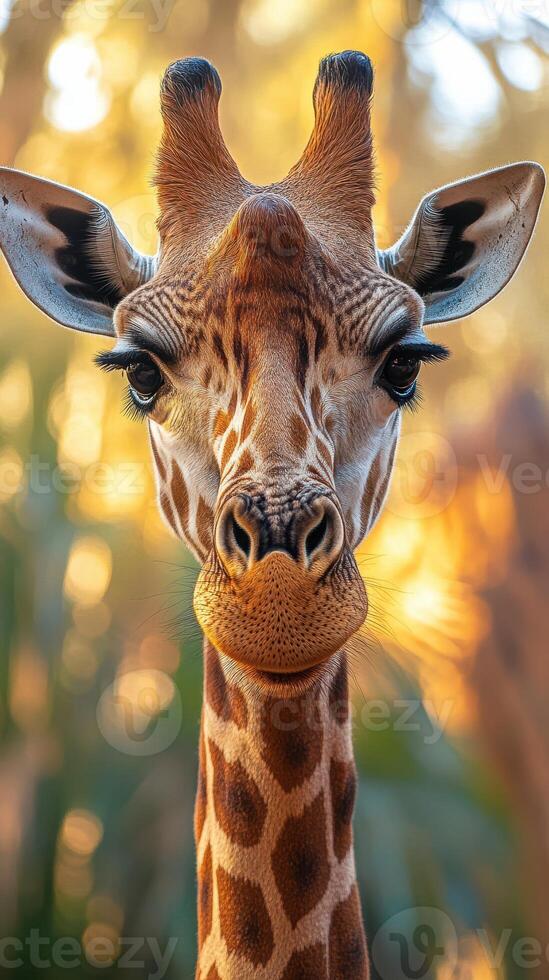 Majestic giraffe gazing directly at the camera in a warm golden light during late afternoon photo