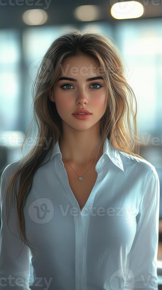 Young woman with long hair wearing a white shirt posing indoors in a modern setting during daylight hours photo