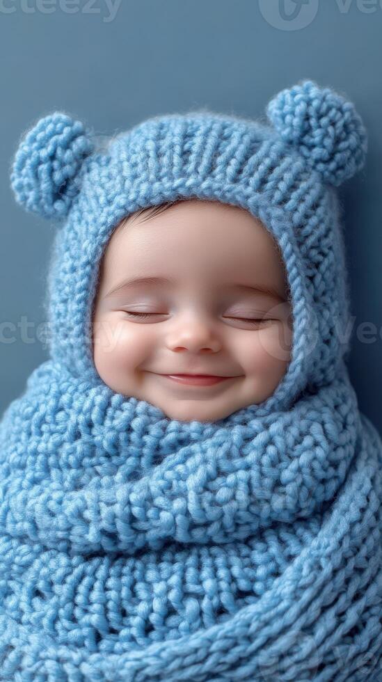 Baby wrapped in soft blue knit blanket with bear ear hat and joyful smile against a calm background photo