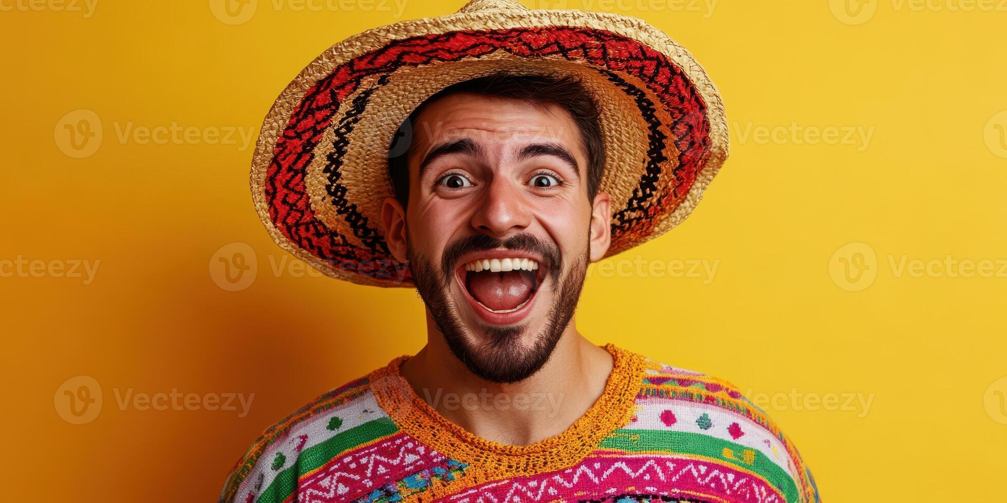 Colorful celebration with a smiling man wearing a traditional hat and vibrant clothing against a yellow background photo