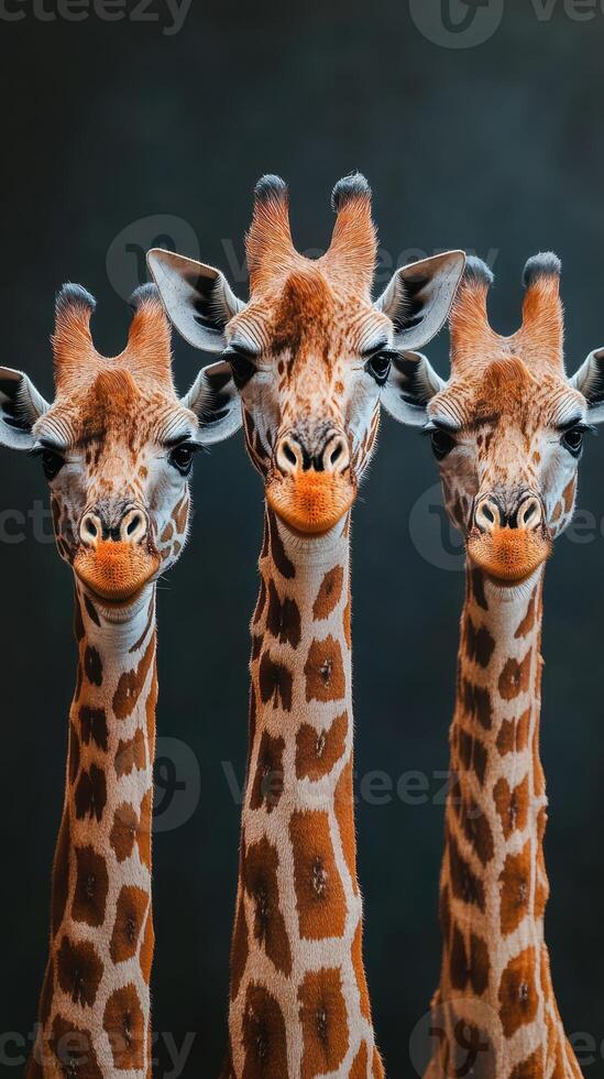 Three giraffes standing close together with distinctive patterns against a dark background photo