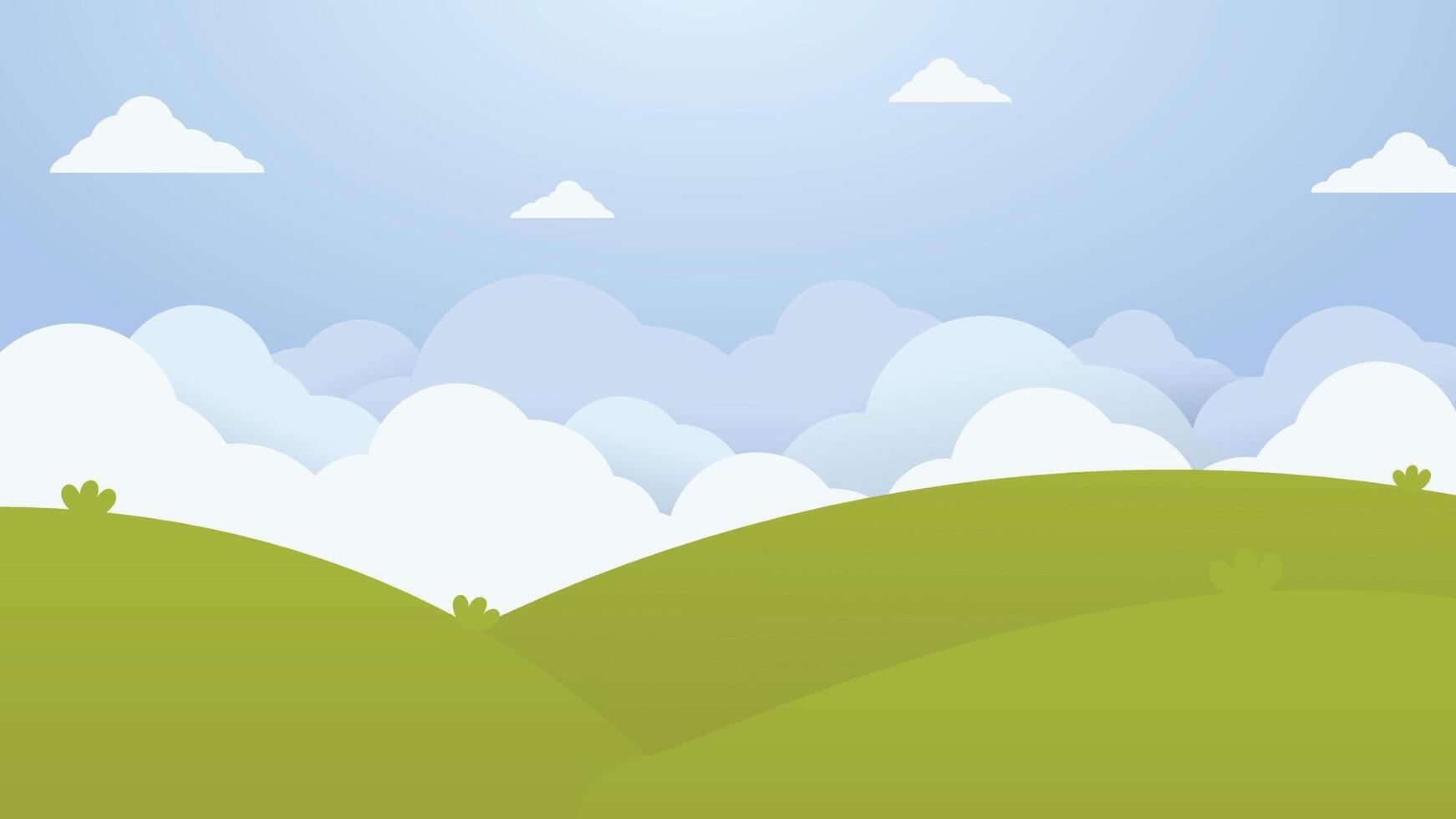 scenic cartoon background featuring a bright sky, fluffy clouds, and green hills, perfect for creative designs and nature-inspired projects. vector