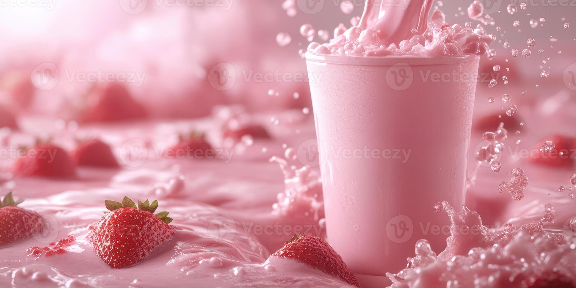 Fresh strawberry milkshake splashes in vibrant pink with strawberries scattered on creamy surface photo