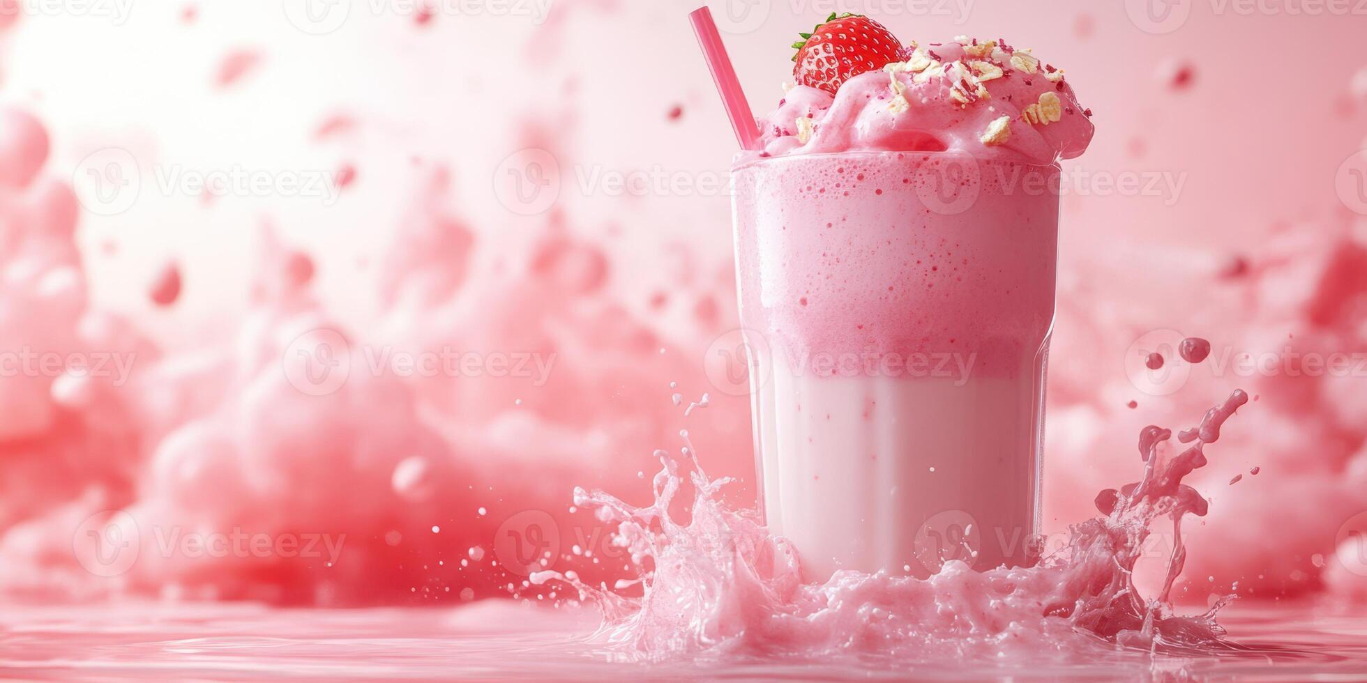 Strawberry milkshake splashes with whipped cream under a soft pink background highlighting playful textures and delightful colors photo